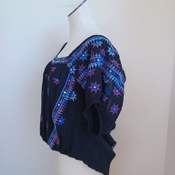 Free People Top Black Embroidered Mirror Cropped Peasant Boho Womens Large - Picture 8 of 13